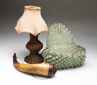 POWDER HORN, WALL POCKET, AND LAMP.