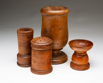 FOUR AMERICAN TREEN ITEMS, INCLUDING SANDER, SPICE GRATER, MUFFINEER, AND PESTLE.