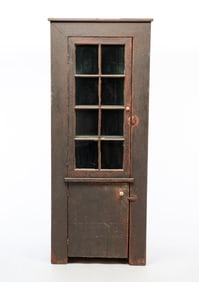 AMERICAN PAINTED OAK CORNER CUPBOARD.