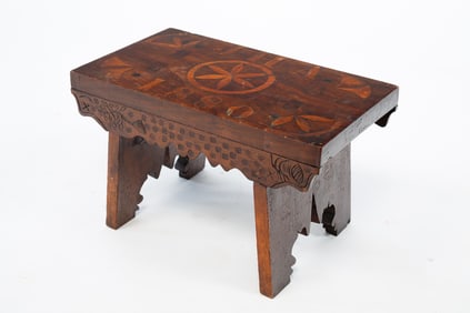 AMERICAN FOLKSY WALNUT AND MARQUETRY STOOL, DATED 1880.