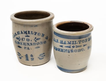 TWO JAS. HAMILTON & CO. (GREENSBORO, PENNSYLVANIA) COBALT-DECORATED STONEWARE JARS.