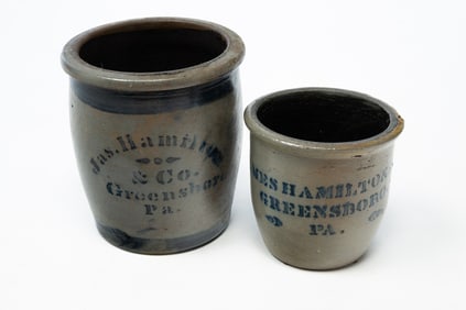 TWO JAMES HAMILTON AND CO. (GREENSBORO, PENNSYLVANIA) COBALT-DECORATED STONEWARE JARS.
