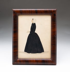 AMERICAN SCHOOL WATERCOLOR AND GOUACHE FULL-LENGTH PORTRAIT OF A WOMAN HOLDING A BOOK.