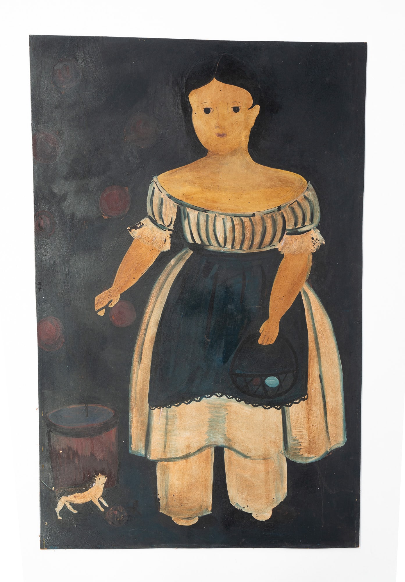 AMERICAN SCHOOL FOLKSY OIL ON BOARD PORTRAIT OF A YOUNG GIRL AND HER DOG.: American, 20th Century. Oil on board. A full-length view of a young girl wearing a blue and white dress, holding a basket in one hand and a limb of a tree in the other, her little black and white dog 
