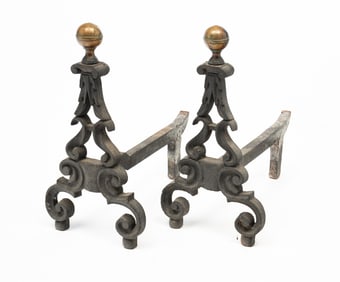 PAIR OF AMERICAN CAST IRON AND BRASS ANDIRONS.