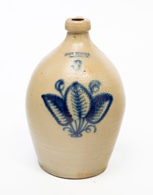 JOHN BURGER (ROCHESTER, NEW YORK, ACTIVE 1839-70) COBALT-DECORATED STONEWARE OVOID THREE-GALLON JUG.