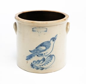 OTTMAN BROS. (FORT EDWARDS, NEW YORK) COBALT-DECORATED STONEWARE FIVE-GALLON CROCK WITH BIRD.