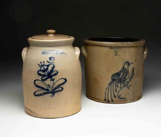 TWO NEW YORK STATE STONEWARE JARS WITH COBALT DECORATION.