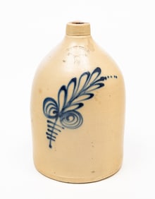 WEST TROY POTTERY (NEW YORK) COBALT-DECORATED STONEWARE TWO-GALLON JUG.