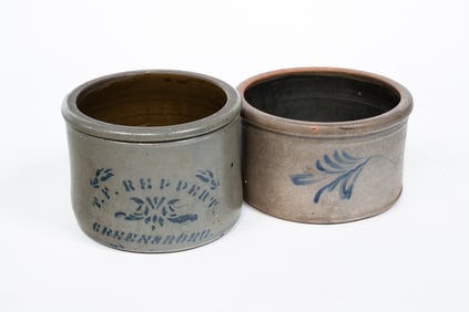 TWO AMERICAN STONEWARE JARS WITH COBALT DECORATION.