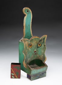 AMERICAN FOLK ART PAINTED WOOD CAT-FORM MATCH SAFE.