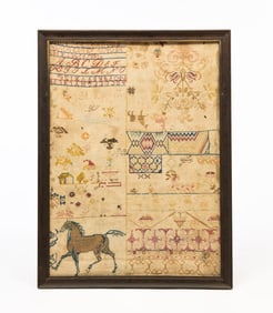LARGE AMERICAN NEEDLEWORK SAMPLER WITH HORSE.