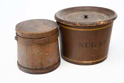 A PAINTED WOOD BUCKET WITH LID AND A FIRKIN.
