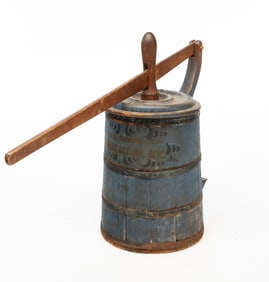 AMERICAN BLUE-PAINTED PINE BUTTER CHURN WITH LEVER.
