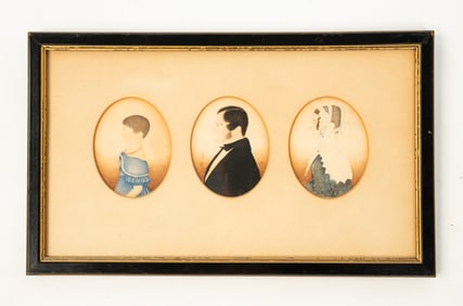 THREE AMERICAN SCHOOL MINIATURE WATERCOLOR AND PENCIL FAMILY PORTRAITS.