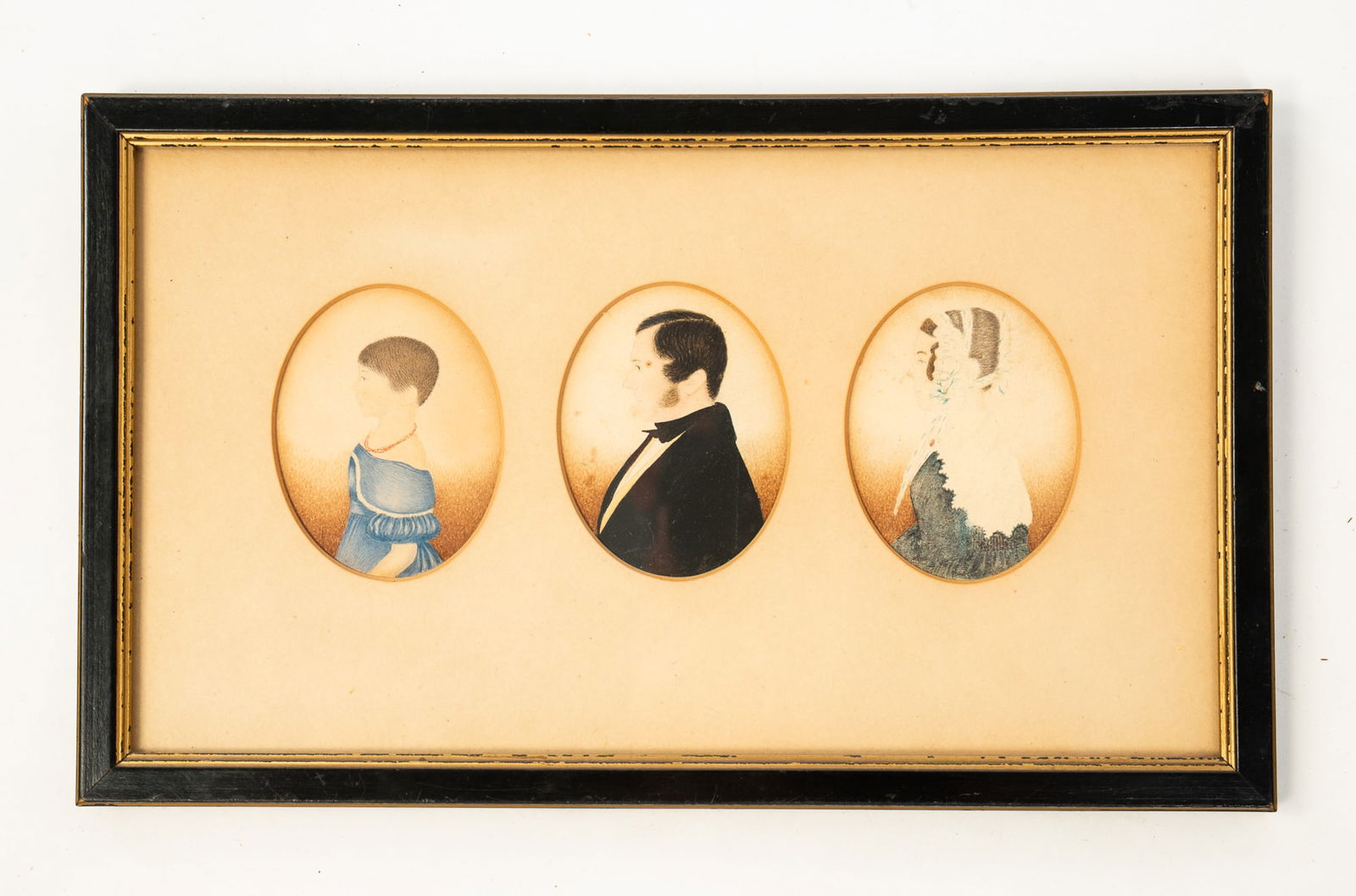 THREE AMERICAN SCHOOL MINIATURE WATERCOLOR AND PENCIL FAMILY PORTRAITS. (1 of 5)