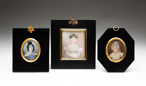 THREE ENGLISH SCHOOL MINIATURE GOUACHE PORTRAITS OF GIRLS.