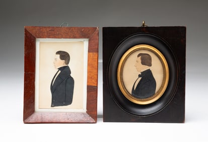 TWO AMERICAN SCHOOL MINIATURE INK AND WATERCOLOR PORTRAITS OF GENTLEMEN.