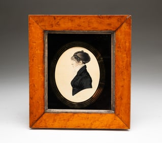 BRITISH SCHOOL MINIATURE INK PROFILE PORTRAIT OF A WOMAN.