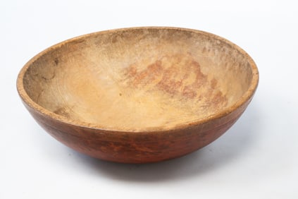 LARGE AMERICAN RED-PAINTED AND TURNED PINE BOWL.