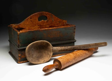 PAINT-DECORATED PINE CARRIER PLUS TIGER MAPLE ROLLING PIN AND WOOD DIPPER.