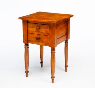 OHIO SHERATON TIGER MAPLE TWO-DRAWER STAND.