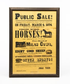 GREEN TOWNSHIP, OHIO "PUBLIC SALE!" AUCTION BROADSIDE, DATED 1874.