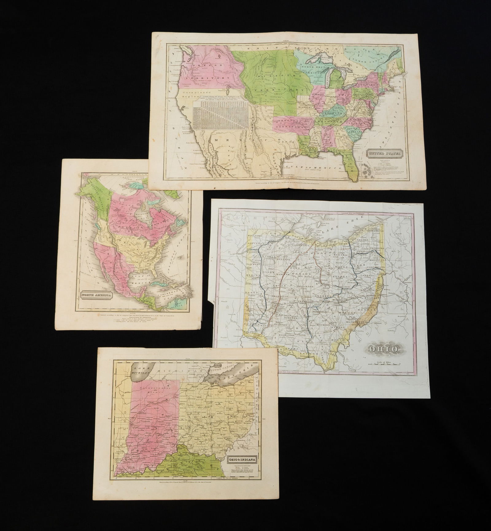 FOUR UNITED STATES AND OHIO HANDCOLORED MAPS. (1 of 5)
