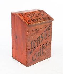 DAYTON SPICE MILLS CO. (DAYTON, OHIO) "JERSEY COFFEE" RED-PAINTED GENERAL STORE ADVERTISING BIN.