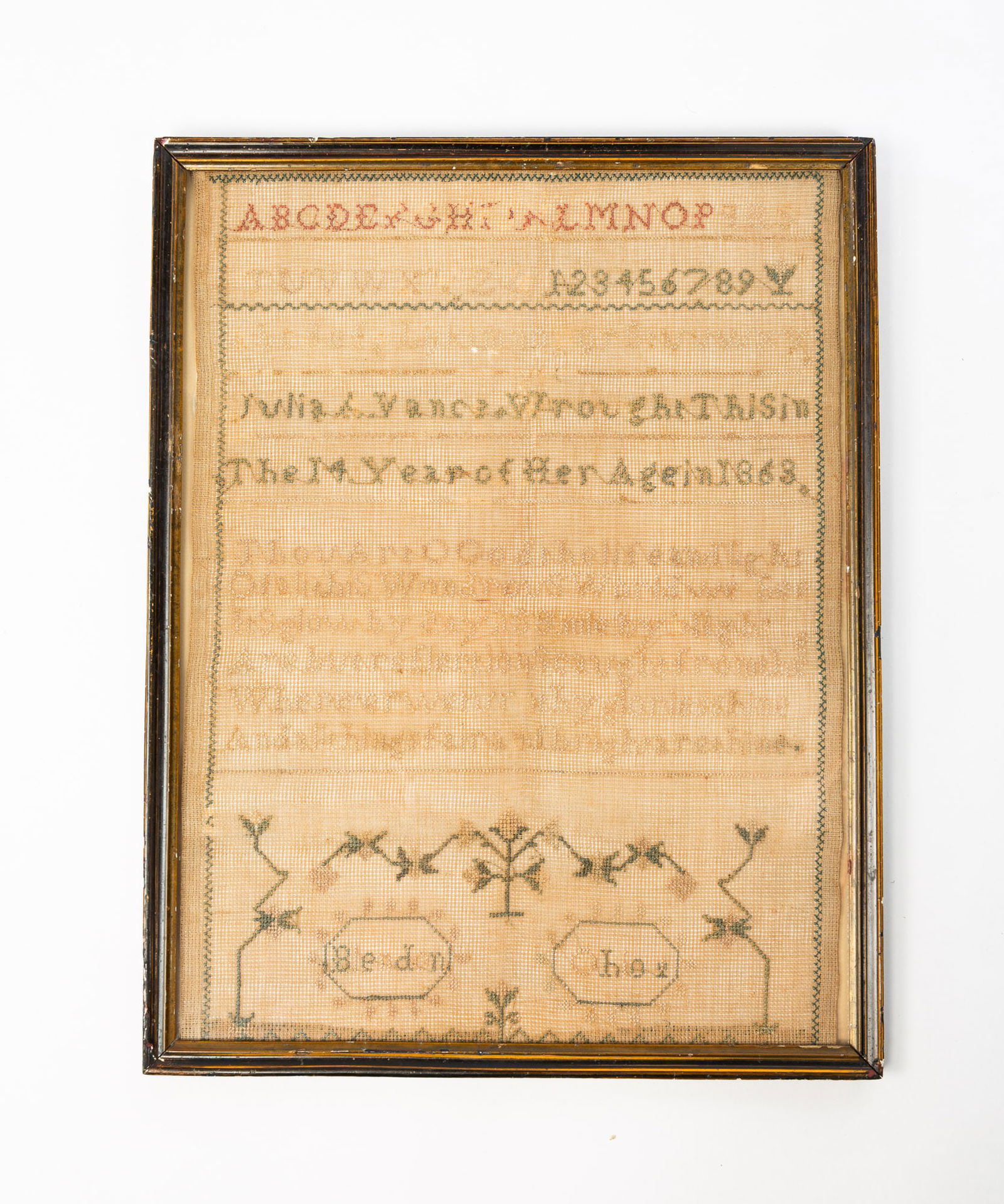 JULIA A. VANCE (BLENDON, OHIO, B. 1849) NEEDLEPOINT SAMPLER, DATED 1863. (1 of 4)