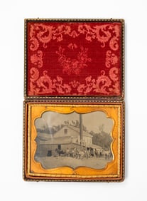 R.E. WEEKS (SANDUSKY, OHIO) CASED HALF-PLATE TINTYPE OF LUMBER MILL.
