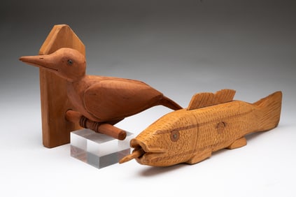 ERNEST "POPEYE" REED (OHIO, 1919-1985) FOLK ART FISH AND PERCHED BIRD WOOD CARVINGS.