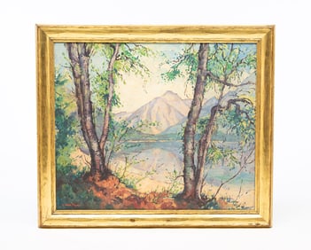 WILMA LUCILE VAN SLYCK (OHIO, 1898-1982) OIL ON CANVAS OF MOUNTAIN LANDSCAPE.