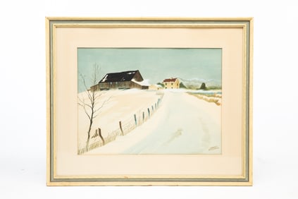 LELAND MCCLELAND (COLUMBUS, OHIO, 1914-2002) WATERCOLOR ON PAPER OF A SNOWY FARM LANDSCAPE.