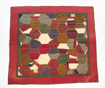 MRS. CHRIST C. SCHLABACH (AMISH, HOLMES COUNTY, OHIO, B. 1858) WOOL "CRAZY" QUILT.