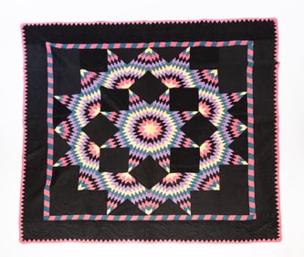 KATIE M. YODER (AMISH, BALTIC, HOLMES COUNTY, OHIO) COTTON "BROKEN STAR" QUILT IN BUBBLEGUM COLORS.