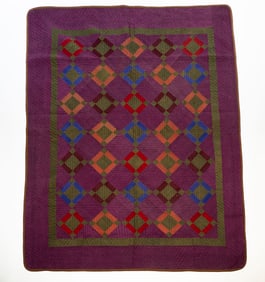 AMISH (KNOX COUNTY, OHIO) HEAVY WOOL "NINE PATCH VARIATION" WINTER QUILT, DATED 1884.