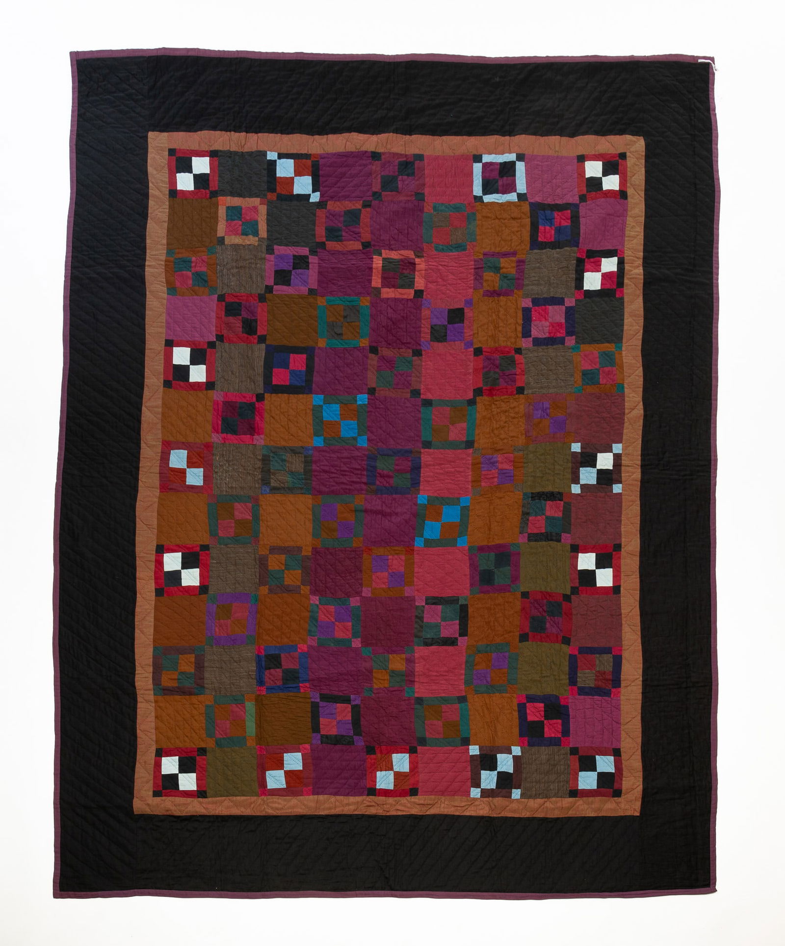 AMISH (HOLMES COUNTY, OHIO) WOOL AND COTTON "CONTAINED FOUR PATCH VARIATION" QUILT. (1 of 5)