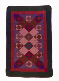 SUSAN J. MILLER (AMISH, BERLIN, HOLMES COUNTY, OHIO) WOOL "DIAMOND IN A SQUARE VARIATION" QUILT.
