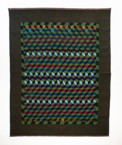 ANNA K. YODER (AMISH, HOLMES COUNTY, OHIO) WOOL "TUMBLING BLOCKS" QUILT.