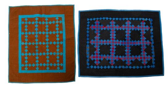 MARY TROYER KAUFMAN (AMISH, HOLMES COUNTY, OHIO) "IRISH CHAIN" CRIB QUILT AND "DOUBLE IRISH CHAIN"