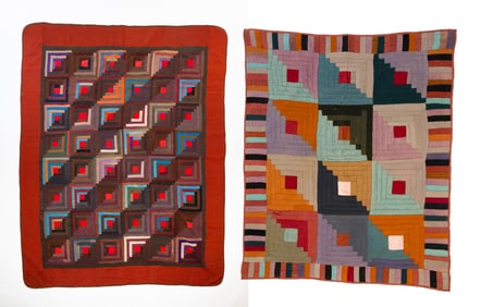 FANNIE YODER (AMISH, HOLMES COUNTY, OHIO) "LOG CABIN, STRAIGHT FURROW" QUILT, DATED 1891, AND A "LOG