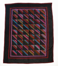 MATTIE MILLER (AMISH, HOLMES COUNTY, OHIO) COTTON AND WOOL "ROMAN STRIPE WITH BIRDS" QUILT, DATED