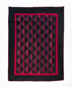 AMISH (HOLMES COUNTY, OHIO) COTTON AND WOOL "ROMAN STRIPE PARALLEL VARIATION" QUILT.