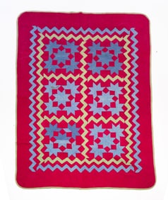 SARA G. MILLER (AMISH, HOLMES COUNTY, OHIO) COTTON "BROKEN STARS" QUILT, DATED 1906.