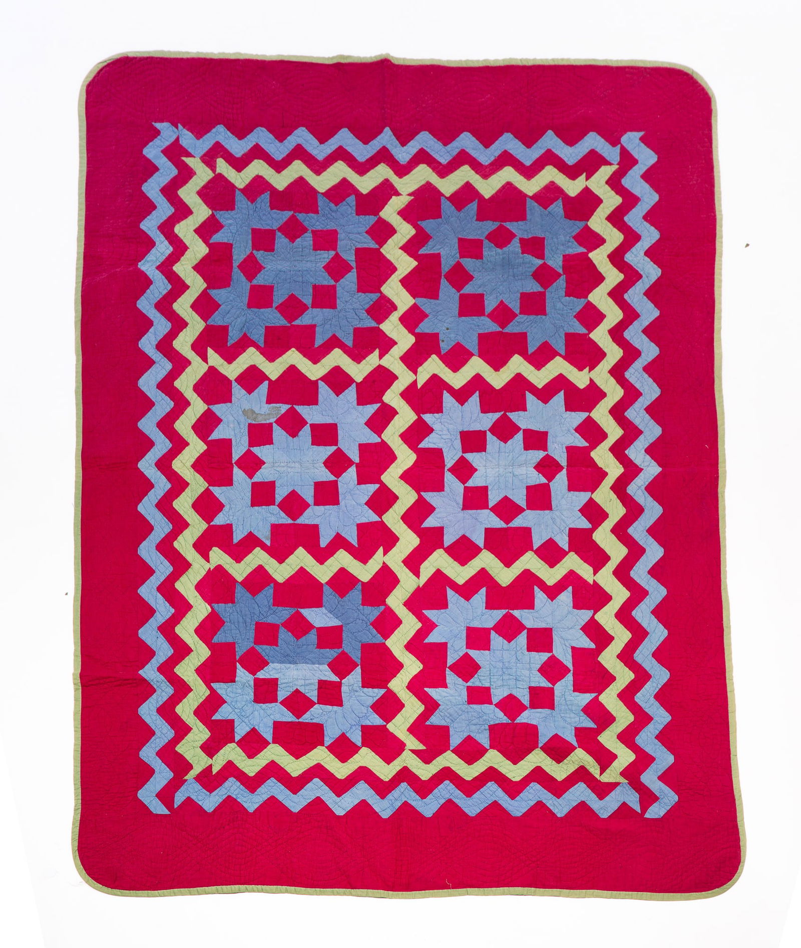 SARA G. MILLER (AMISH, HOLMES COUNTY, OHIO) COTTON "BROKEN STARS" QUILT, DATED 1906. (1 of 4)