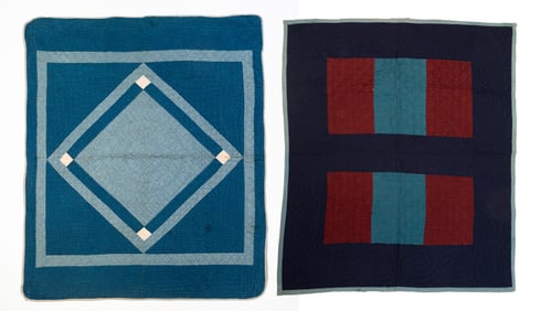 AMISH (HOLMES COUNTY AND WAYNE COUNTY, OHIO) "CENTER DIAMOND" AND "BARS VARIATION" CRIB QUILTS.