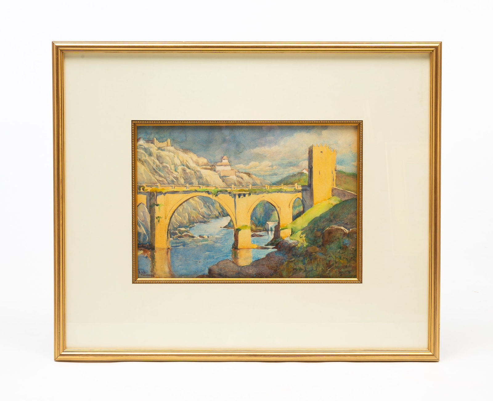 JOSEPH HENRY SHARP (AMERICAN, 1859-1953) "TOLEDO BRIDGE, SPAIN" WATERCOLOR.: Joseph Henry Sharp (American, 1859-1953). Watercolor on paper. Depicting a bridge spanning a river with mountains in the background. Signed and dated to lower left. Sight, 9"h. 13"w. Framed, 19"h. 23"