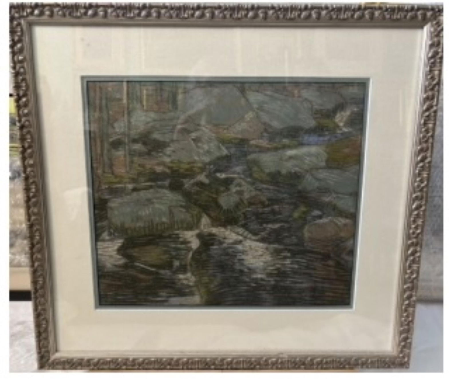 CHARLES S. KAELIN (AMERICAN, 1858-1929) PASTEL ON PAPER OF WOODLAND LANDSCAPE.: Charles S. Kaelin (American, 1858-1929). Pastel on paper. A stylized landscape with a rocky stream and trees. Signed to lower left. Sight, 13"h. 15"w. Framed, 21"h. 22.75"w.