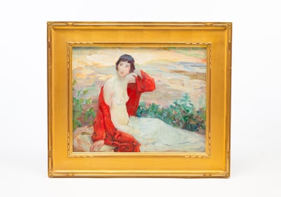 WILLIAM WIESSLER (CINCINNATI, OHIO, 1887-1975) OIL ON CANVAS OF A NUDE WOMAN IN A RED SHAWL.